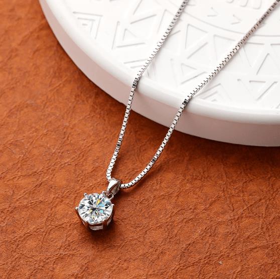1 Carat Moissanite and Silver Pendant with a Box Chain