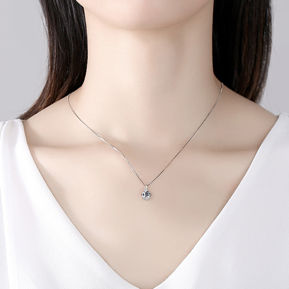 1 Carat Moissanite and Silver Pendant with a Box Chain